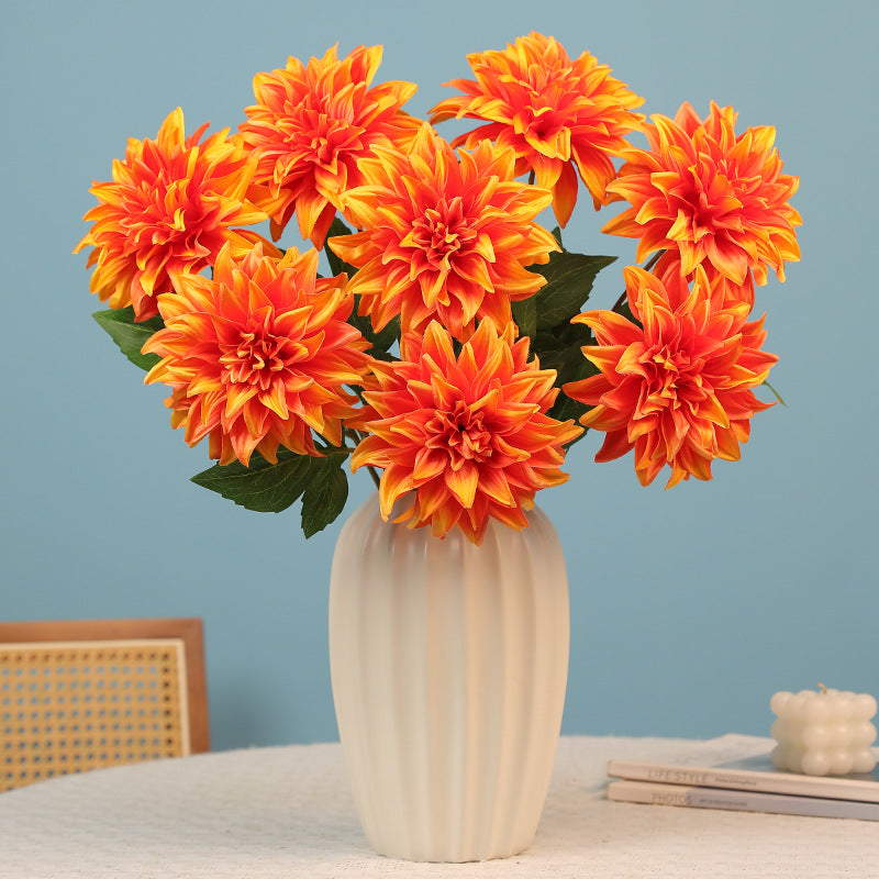 8 Pcs Sunset Orange Faux Dahlia Stems, 20" Tall Realistic Artificial Flowers, Large 5" Silk Blooms for Fall Home Decor, Vase, Centerpieces