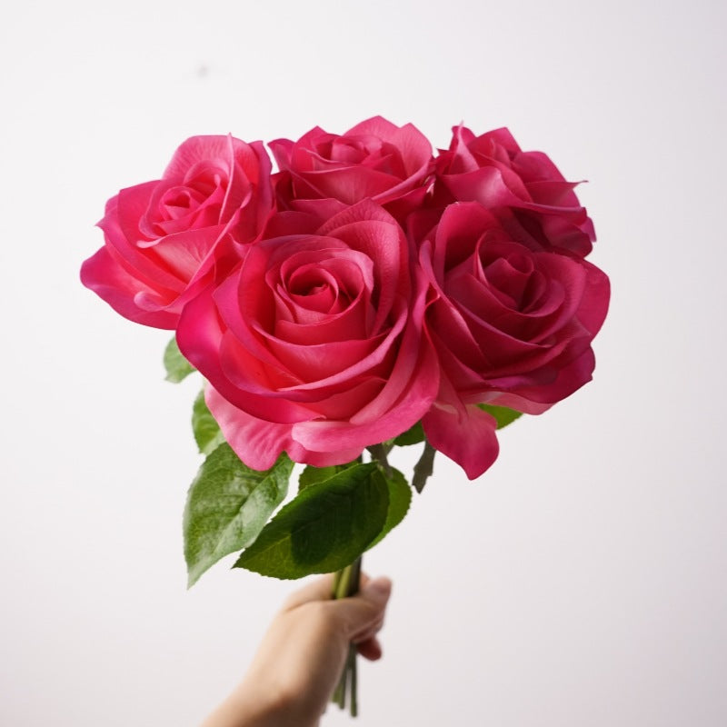 Real Touch Rose Bouquet, 14" Artificial Flowers, 5 Realistic Stems for Vase Filler, Home Decor, Wedding Centerpieces, DIY Arrangements