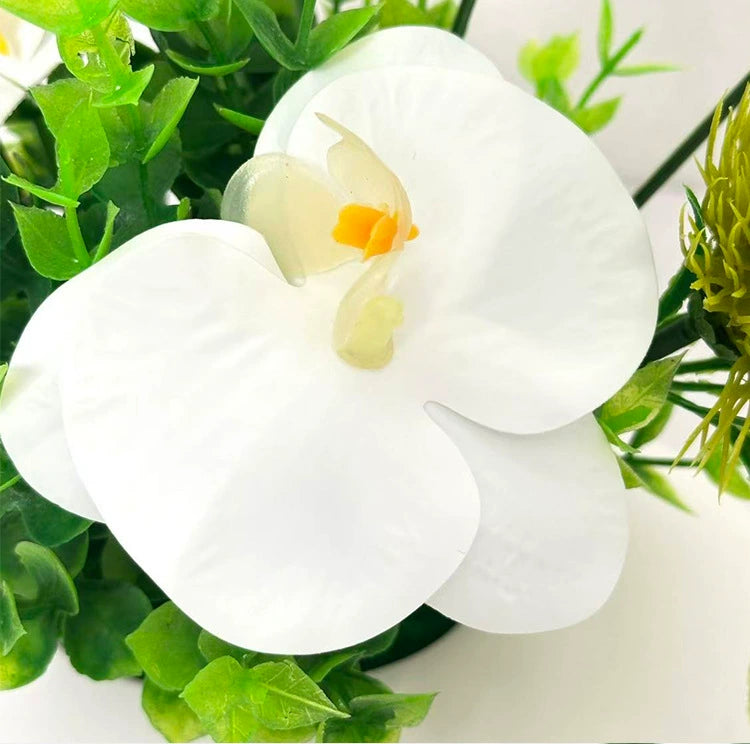 Lifelike White Orchid Arrangement, 7" Faux Phalaenopsis & Chrysanthemum in Pot, Realistic Eucalyptus Accents for Desk, Bathroom & Home Decor