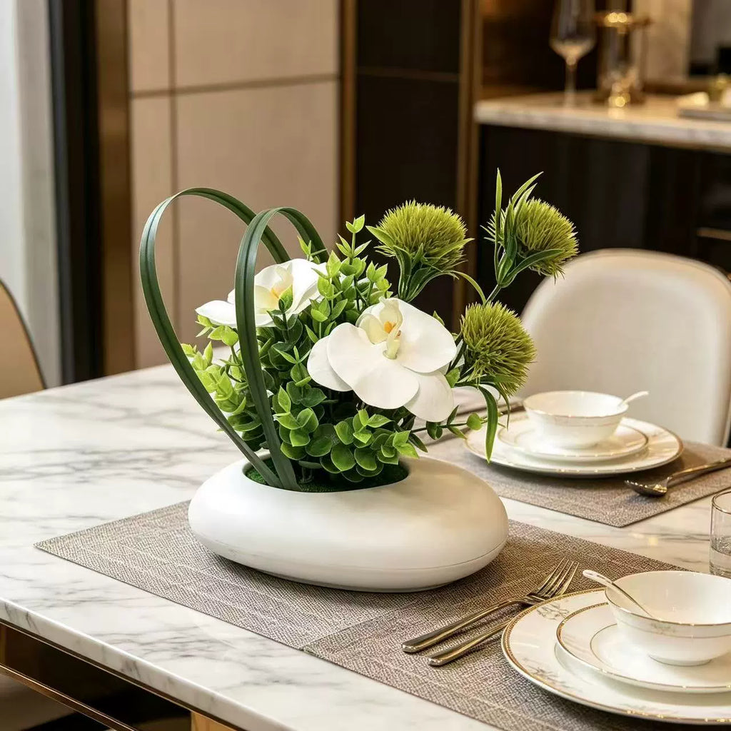 Lifelike White Orchid Arrangement, 7" Faux Phalaenopsis & Chrysanthemum in Pot, Realistic Eucalyptus Accents for Desk, Bathroom & Home Decor