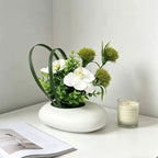 Lifelike White Orchid Arrangement, 7" Faux Phalaenopsis & Chrysanthemum in Pot, Realistic Eucalyptus Accents for Desk, Bathroom & Home Decor