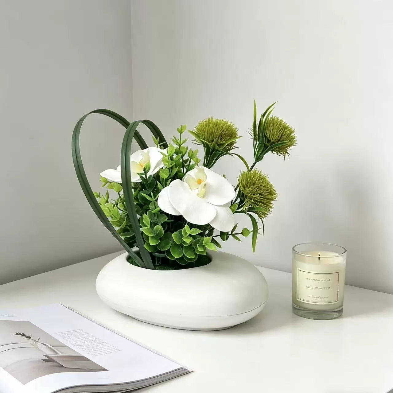 Lifelike White Orchid Arrangement, 7" Faux Phalaenopsis & Chrysanthemum in Pot, Realistic Eucalyptus Accents for Desk, Bathroom & Home Decor