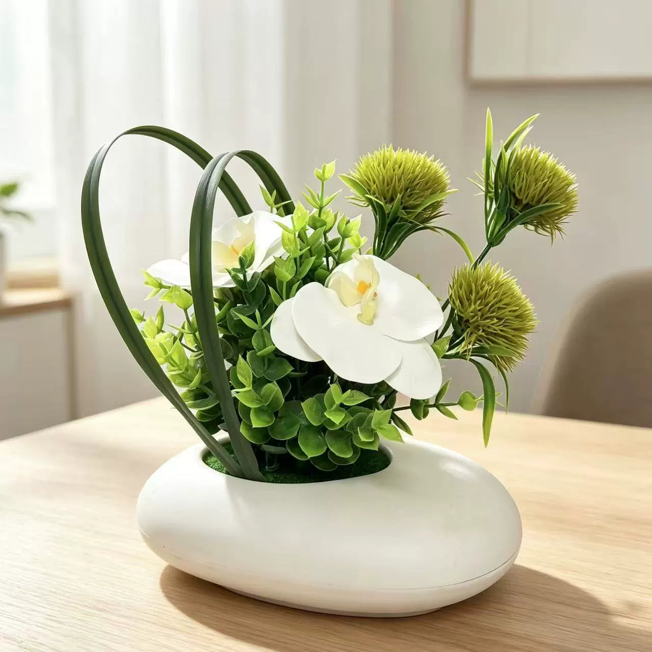 Lifelike White Orchid Arrangement, 7" Faux Phalaenopsis & Chrysanthemum in Pot, Realistic Eucalyptus Accents for Desk, Bathroom & Home Decor