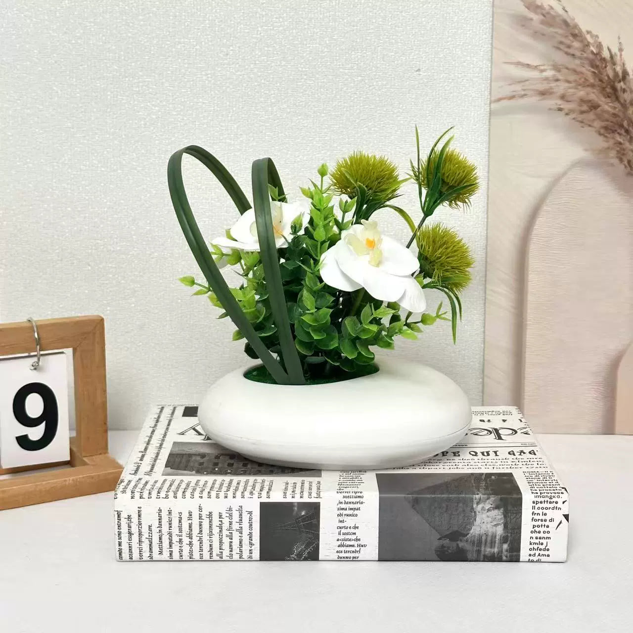 Lifelike White Orchid Arrangement, 7" Faux Phalaenopsis & Chrysanthemum in Pot, Realistic Eucalyptus Accents for Desk, Bathroom & Home Decor