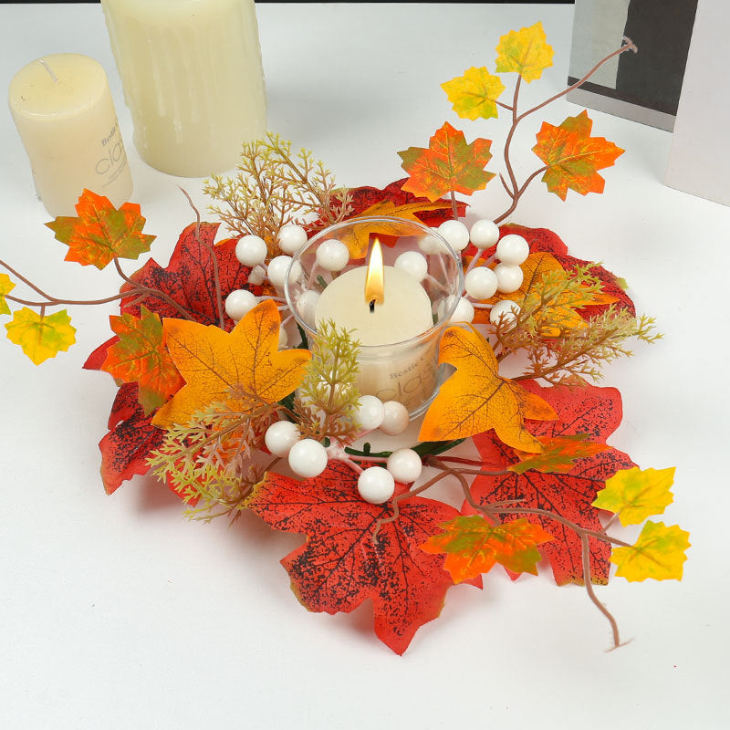 Autumn Pumpkin & Berry Candle Ring, 14-Inch Harvest Wreath with Maple Leaves, Realistic Faux Centerpiece for Thanksgiving Table Decor & Halloween