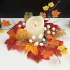 Autumn Pumpkin & Berry Candle Ring, 14-Inch Harvest Wreath with Maple Leaves, Realistic Faux Centerpiece for Thanksgiving Table Decor & Halloween