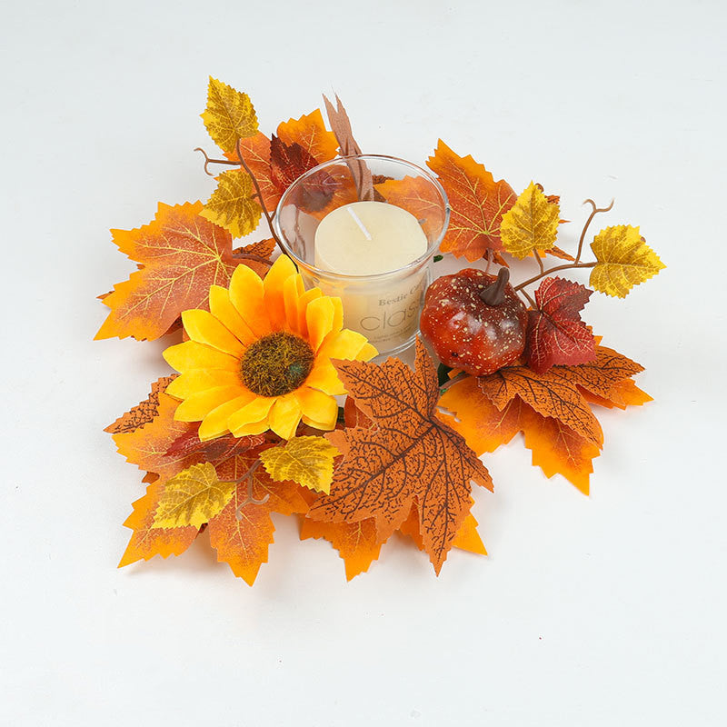 Autumn Pumpkin & Berry Candle Ring, 14-Inch Harvest Wreath with Maple Leaves, Realistic Faux Centerpiece for Thanksgiving Table Decor & Halloween