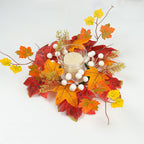 Autumn Pumpkin & Berry Candle Ring, 14-Inch Harvest Wreath with Maple Leaves, Realistic Faux Centerpiece for Thanksgiving Table Decor & Halloween