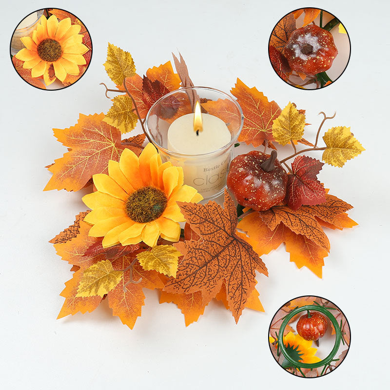 Autumn Pumpkin & Berry Candle Ring, 14-Inch Harvest Wreath with Maple Leaves, Realistic Faux Centerpiece for Thanksgiving Table Decor & Halloween
