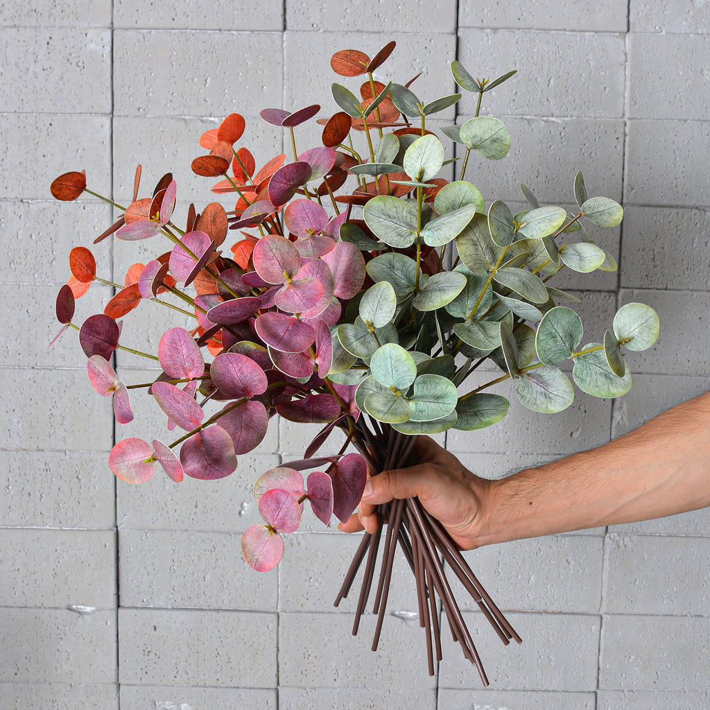Real Touch Eucalyptus Stems (Set of 2), 20" Tall Faux Silver Dollar Greenery, Lifelike Grey-Green Leaves for Vase, Wedding Bouquets & Home Decor
