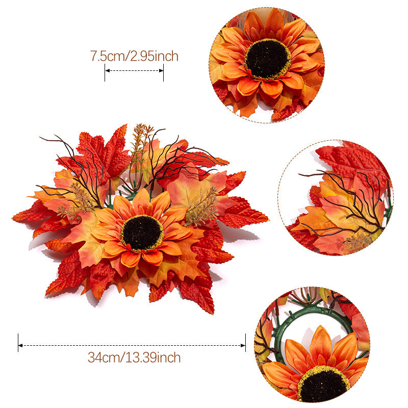 Faux Maple Leaf & Red Berry Candle Ring, 13 Inch Autumn Wreath, Realistic Thanksgiving Table Centerpiece, Fall Harvest Home Decor