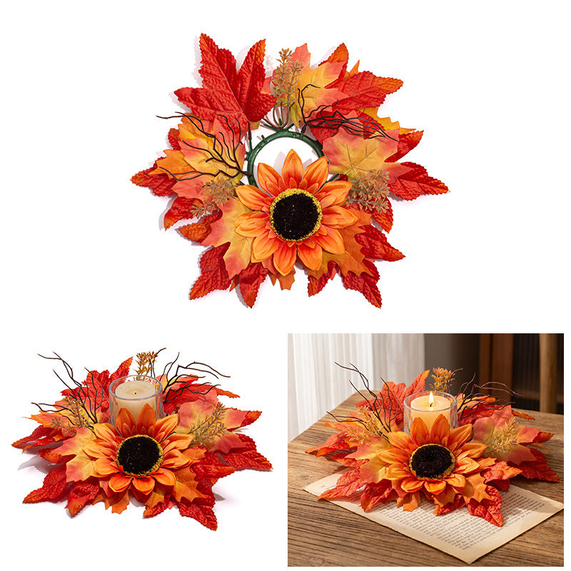 Faux Maple Leaf & Red Berry Candle Ring, 13 Inch Autumn Wreath, Realistic Thanksgiving Table Centerpiece, Fall Harvest Home Decor