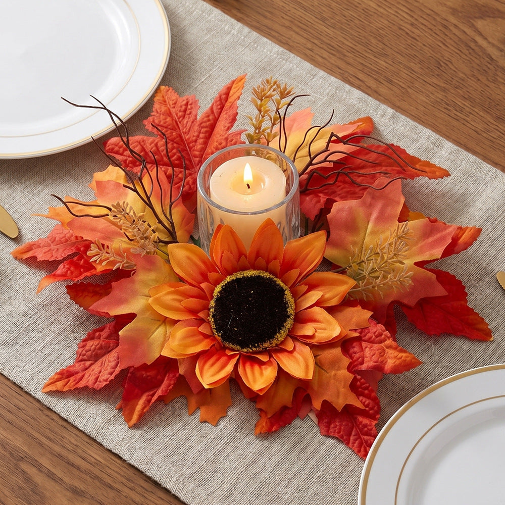 Faux Maple Leaf & Red Berry Candle Ring, 13 Inch Autumn Wreath, Realistic Thanksgiving Table Centerpiece, Fall Harvest Home Decor