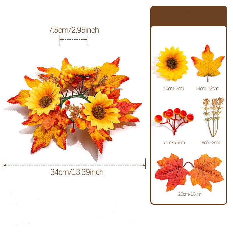 Faux Maple Leaf & Red Berry Candle Ring, 13 Inch Autumn Wreath, Realistic Thanksgiving Table Centerpiece, Fall Harvest Home Decor