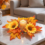 Faux Maple Leaf & Red Berry Candle Ring, 13 Inch Autumn Wreath, Realistic Thanksgiving Table Centerpiece, Fall Harvest Home Decor