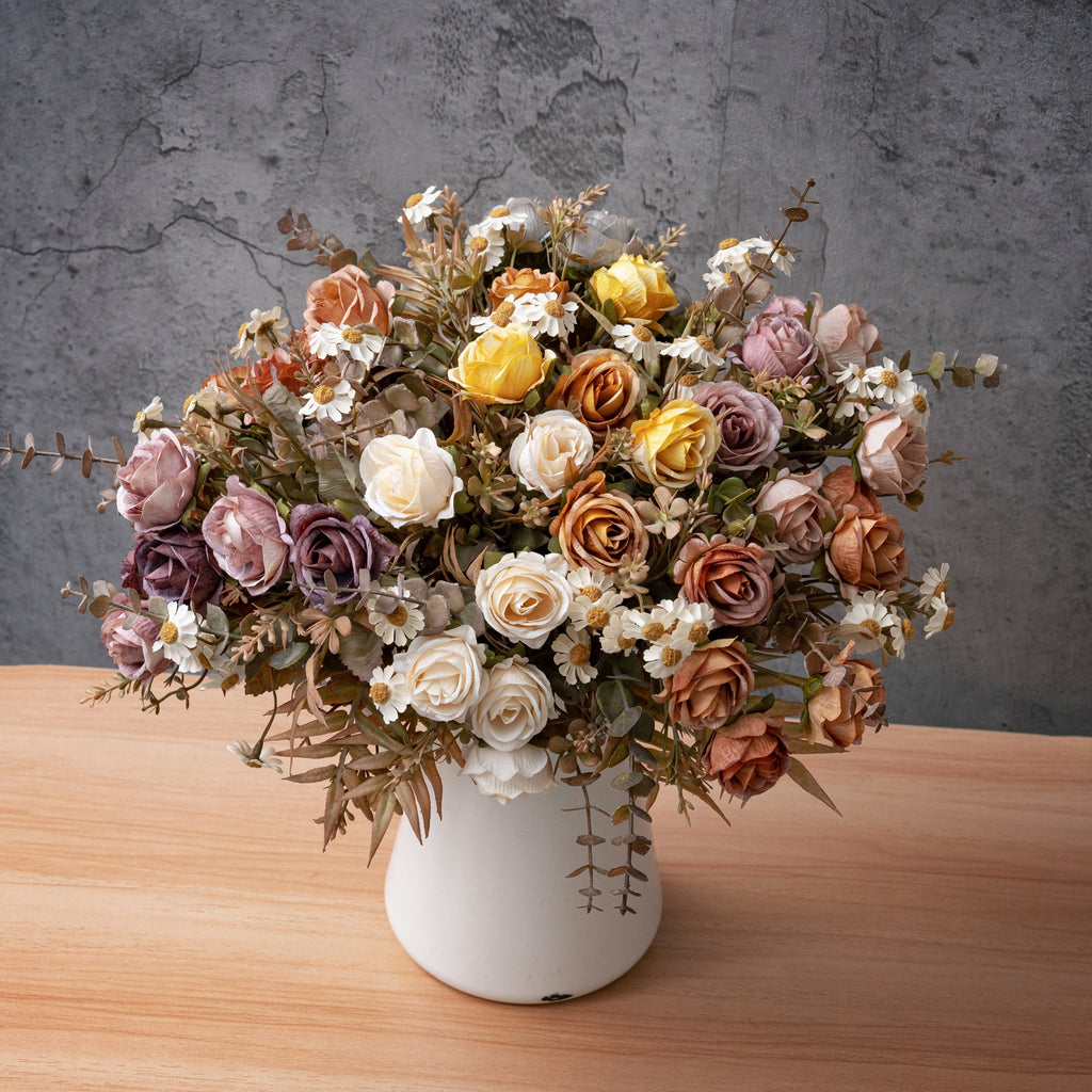 Autumn Romance Faux Rose Bouquet, 13" Lifelike Silk Flowers, 6-Stem Bunch for Wedding Centerpieces, Home Decor, Vase Arrangements & DIY Crafts
