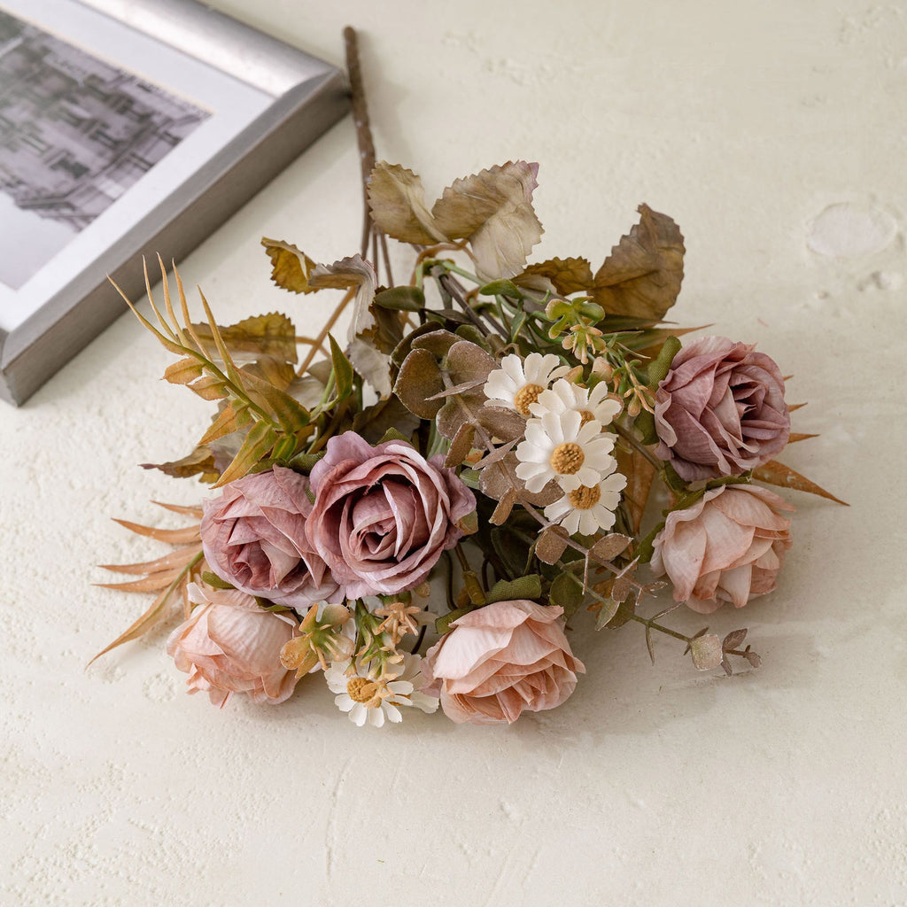 Autumn Romance Faux Rose Bouquet, 13" Lifelike Silk Flowers, 6-Stem Bunch for Wedding Centerpieces, Home Decor, Vase Arrangements & DIY Crafts