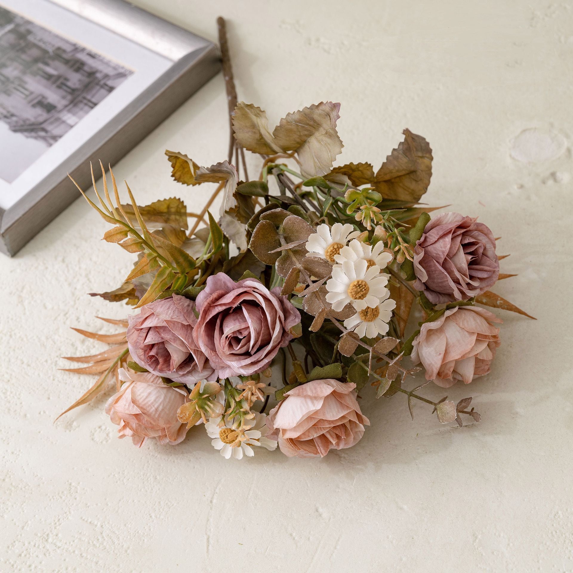 Autumn Romance Faux Rose Bouquet, 13" Lifelike Silk Flowers, 6-Stem Bunch for Wedding Centerpieces, Home Decor, Vase Arrangements & DIY Crafts