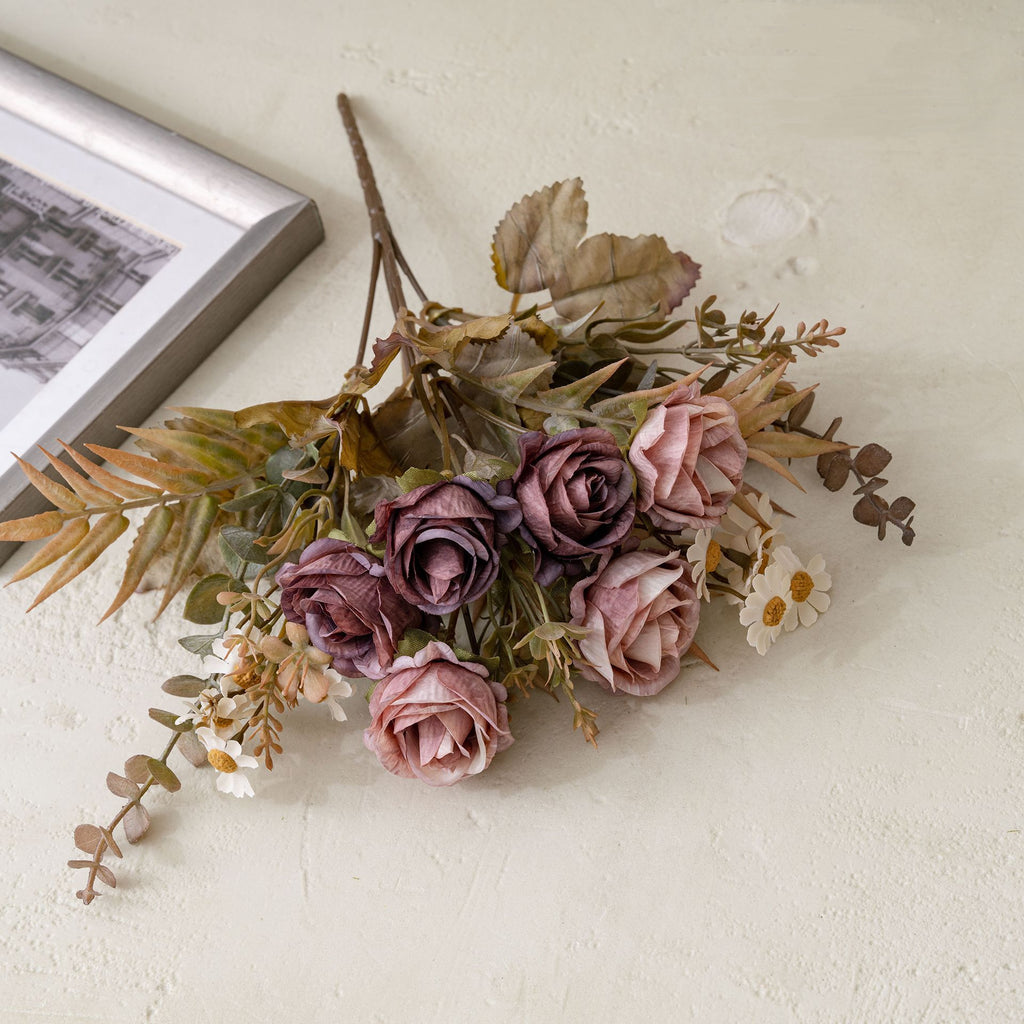 Autumn Romance Faux Rose Bouquet, 13" Lifelike Silk Flowers, 6-Stem Bunch for Wedding Centerpieces, Home Decor, Vase Arrangements & DIY Crafts