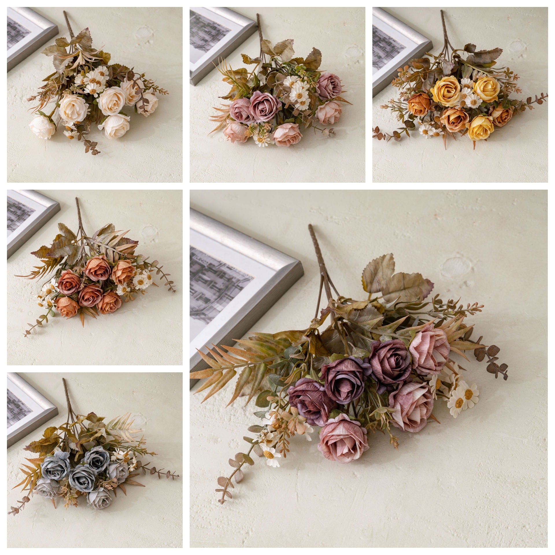 Autumn Romance Faux Rose Bouquet, 13" Lifelike Silk Flowers, 6-Stem Bunch for Wedding Centerpieces, Home Decor, Vase Arrangements & DIY Crafts