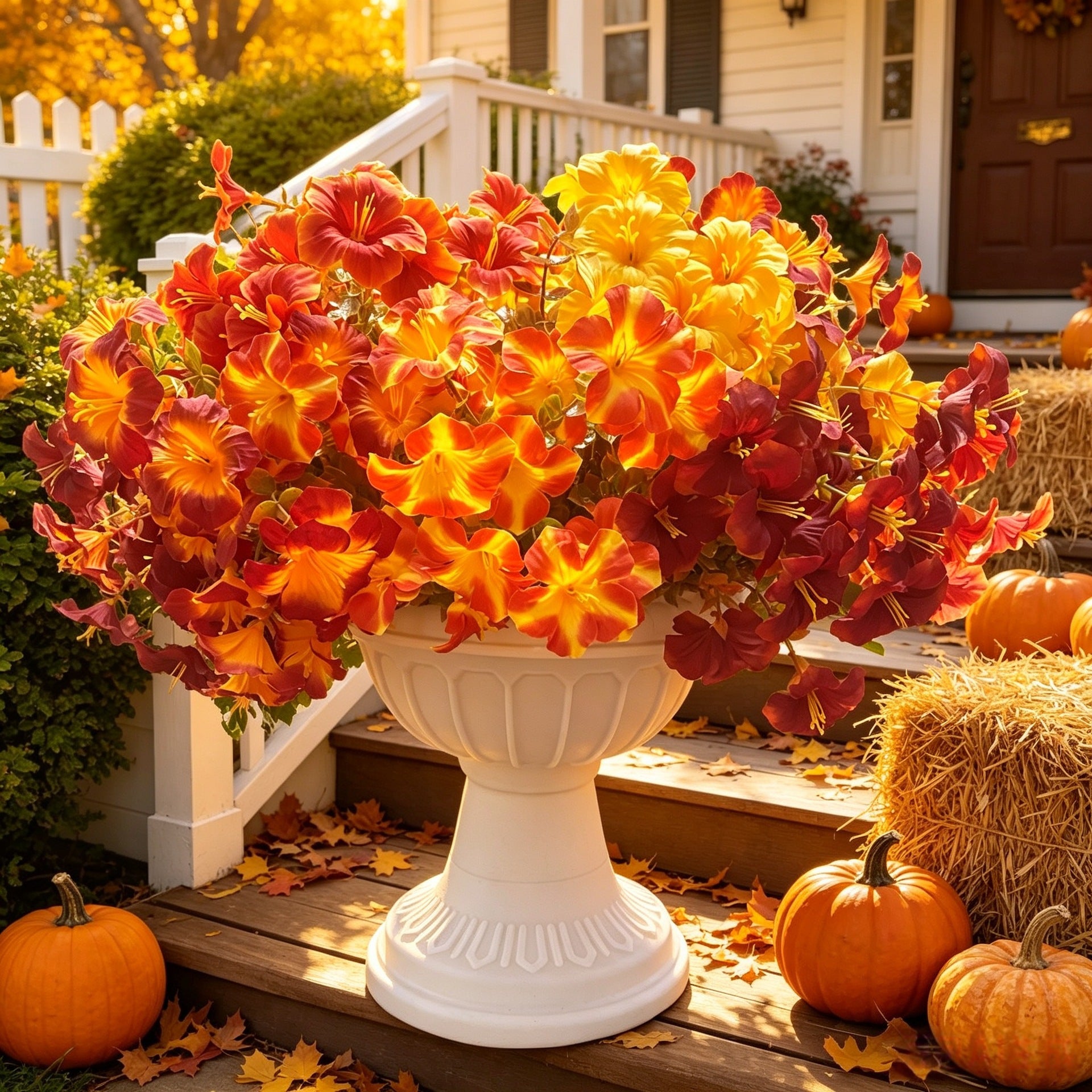 Set of 2 Faux Morning Glory Stems, 14" Artificial Autumn Bouquet, 7-Head Lush Fall Flowers for Thanksgiving Decor, Halloween, Wedding Centerpieces