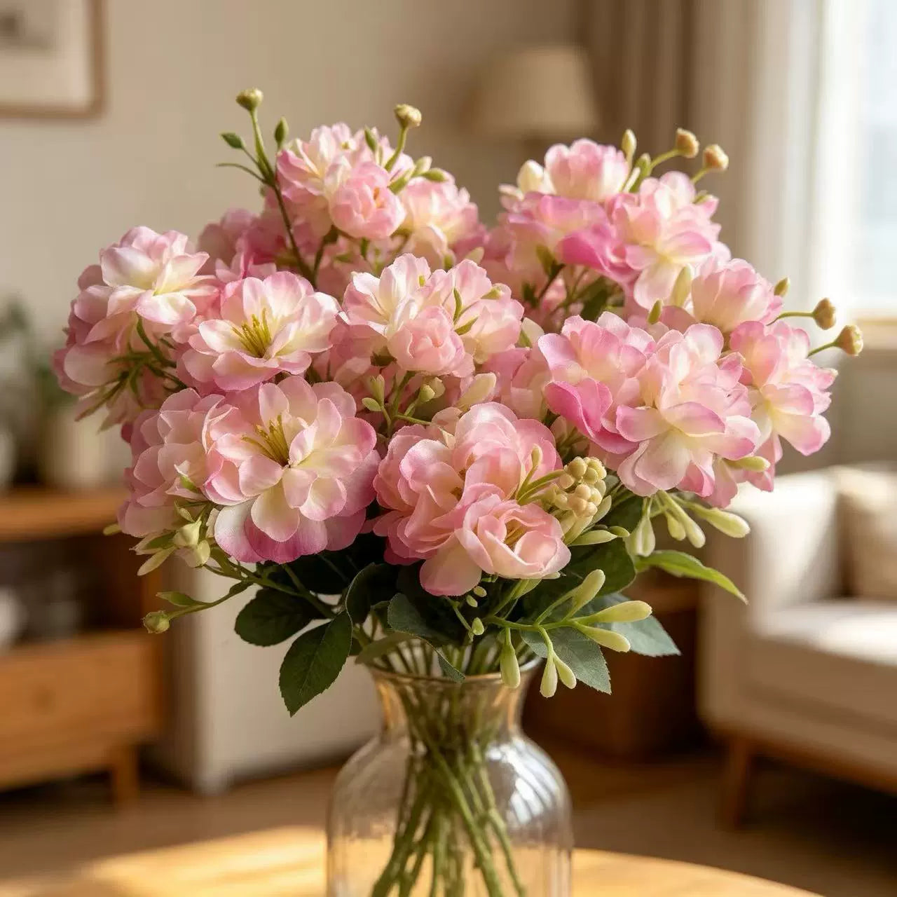 Lifelike Faux Camellia Stem, 15" Tall with 15 Realistic Blooms & Buds, Artificial Flowers for Vase Fillers, Wedding Bouquets & Home Decor