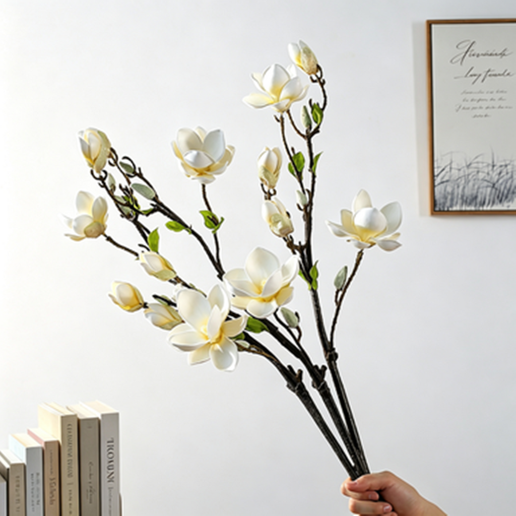 32" Tall Artificial Magnolia Stem, Large Realistic White Magnolia Flower Branch for Floor Vases, Entryway Decor, Weddings & Home Arrangements