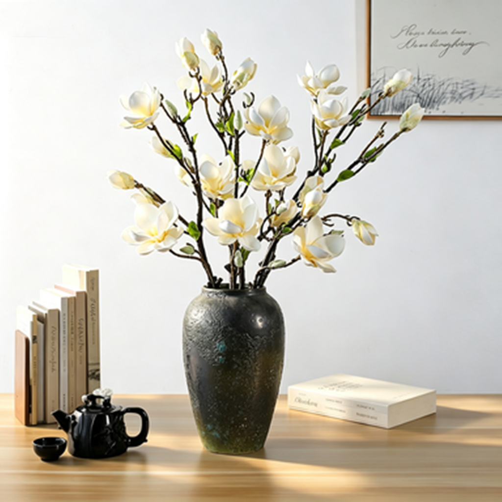 32" Tall Artificial Magnolia Stem, Large Realistic White Magnolia Flower Branch for Floor Vases, Entryway Decor, Weddings & Home Arrangements