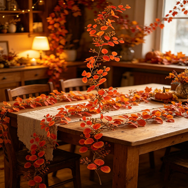 Realistic Autumn Money Leaf Garland, Faux Golden Eucalyptus Vine for Thanksgiving Table Decor, Harvest Mantel Decoration, Fireplace & Wedding