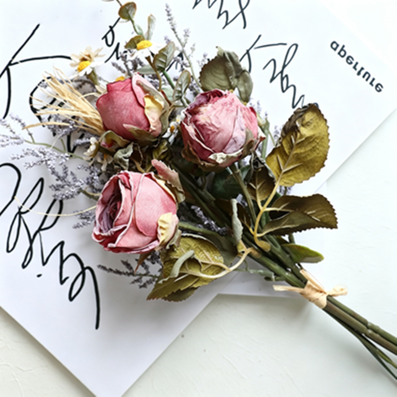Autumnal Rose & Daisy Bouquet, 14" Faux Burnt Edge Flowers, Realistic Vintage Stems for Home Decor, Wedding Centrepieces, DIY Florists