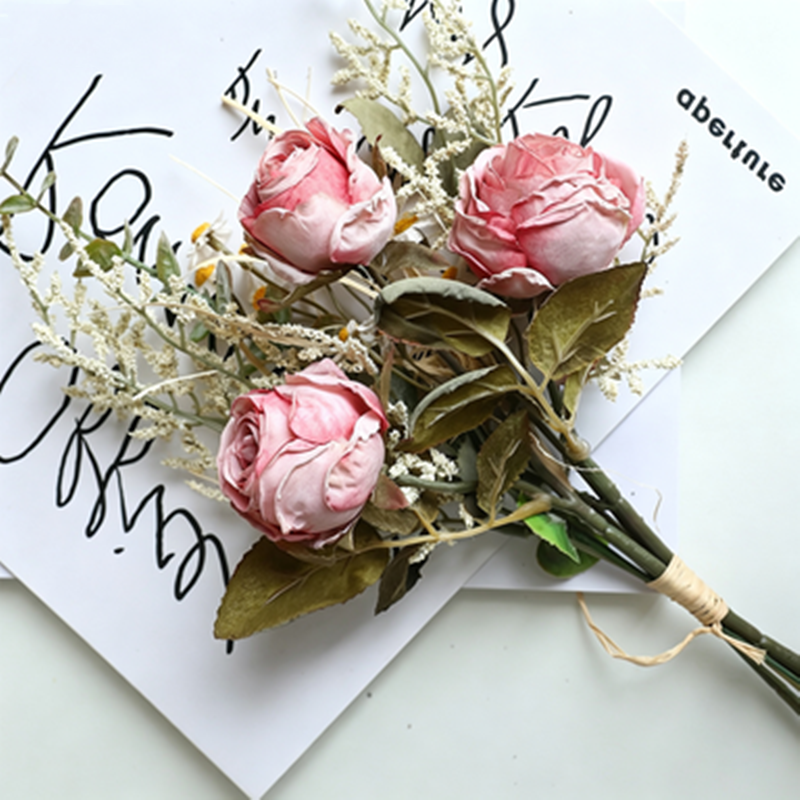 Autumnal Rose & Daisy Bouquet, 14" Faux Burnt Edge Flowers, Realistic Vintage Stems for Home Decor, Wedding Centrepieces, DIY Florists