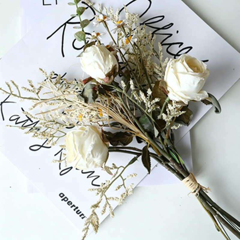 Autumnal Rose & Daisy Bouquet, 14" Faux Burnt Edge Flowers, Realistic Vintage Stems for Home Decor, Wedding Centrepieces, DIY Florists