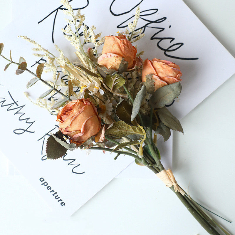 Autumnal Rose & Daisy Bouquet, 14" Faux Burnt Edge Flowers, Realistic Vintage Stems for Home Decor, Wedding Centrepieces, DIY Florists