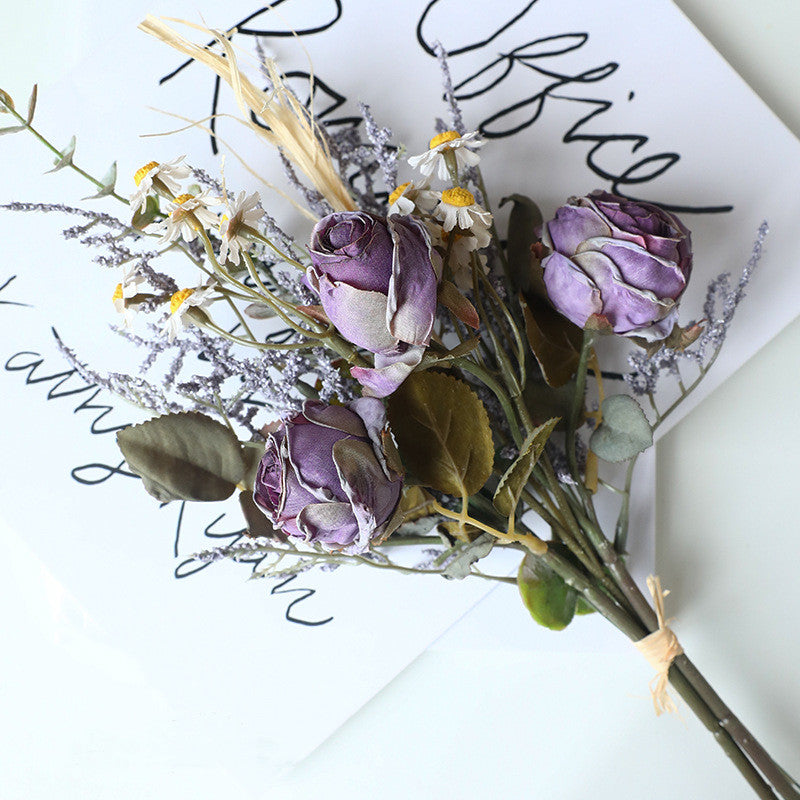 Autumnal Rose & Daisy Bouquet, 14" Faux Burnt Edge Flowers, Realistic Vintage Stems for Home Decor, Wedding Centrepieces, DIY Florists