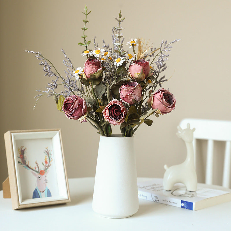 Autumnal Rose & Daisy Bouquet, 14" Faux Burnt Edge Flowers, Realistic Vintage Stems for Home Decor, Wedding Centrepieces, DIY Florists