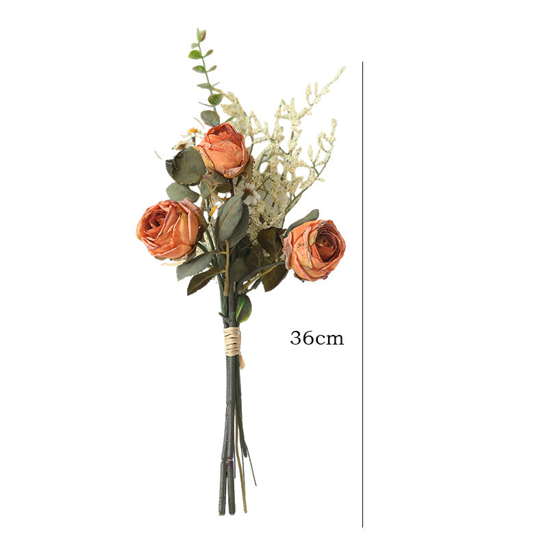 Autumnal Rose & Daisy Bouquet, 14" Faux Burnt Edge Flowers, Realistic Vintage Stems for Home Decor, Wedding Centrepieces, DIY Florists