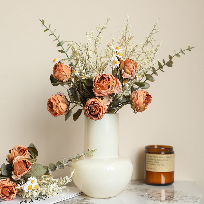 Autumnal Rose & Daisy Bouquet, 14" Faux Burnt Edge Flowers, Realistic Vintage Stems for Home Decor, Wedding Centrepieces, DIY Florists