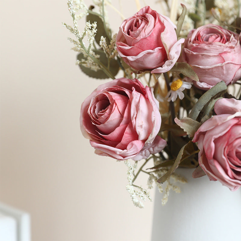 Autumnal Rose & Daisy Bouquet, 14" Faux Burnt Edge Flowers, Realistic Vintage Stems for Home Decor, Wedding Centrepieces, DIY Florists