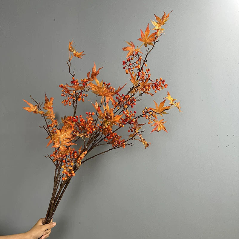 39" Faux Autumn Maple Branch with Berries, Realistic Tall Fall Stem for Vase Filler, Seasonal Home Decor, DIY Wreaths & Weddings