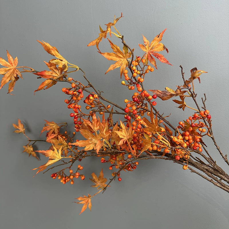 39" Faux Autumn Maple Branch with Berries, Realistic Tall Fall Stem for Vase Filler, Seasonal Home Decor, DIY Wreaths & Weddings