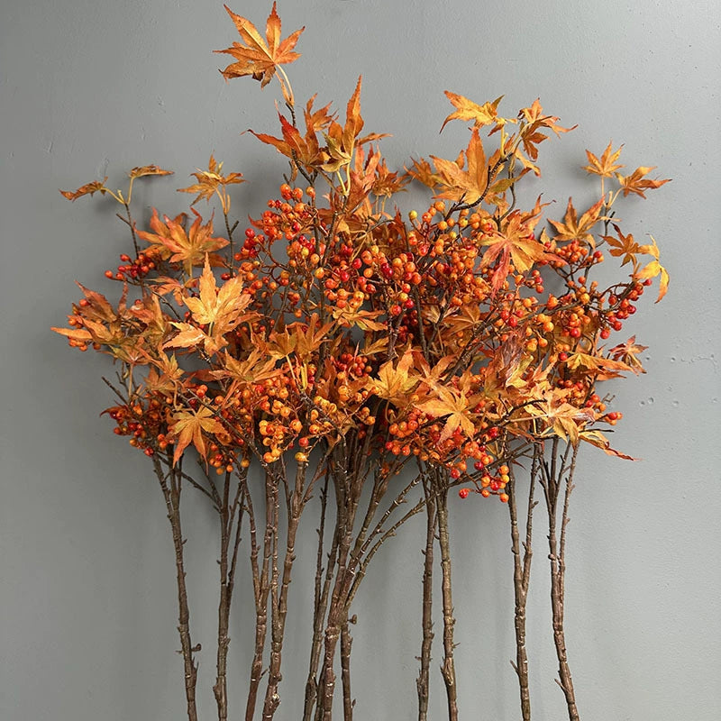39" Faux Autumn Maple Branch with Berries, Realistic Tall Fall Stem for Vase Filler, Seasonal Home Decor, DIY Wreaths & Weddings