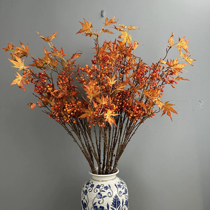 39" Faux Autumn Maple Branch with Berries, Realistic Tall Fall Stem for Vase Filler, Seasonal Home Decor, DIY Wreaths & Weddings