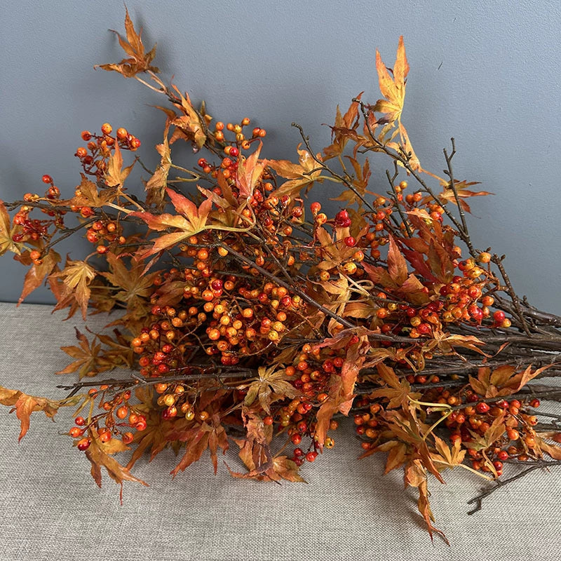 39" Faux Autumn Maple Branch with Berries, Realistic Tall Fall Stem for Vase Filler, Seasonal Home Decor, DIY Wreaths & Weddings