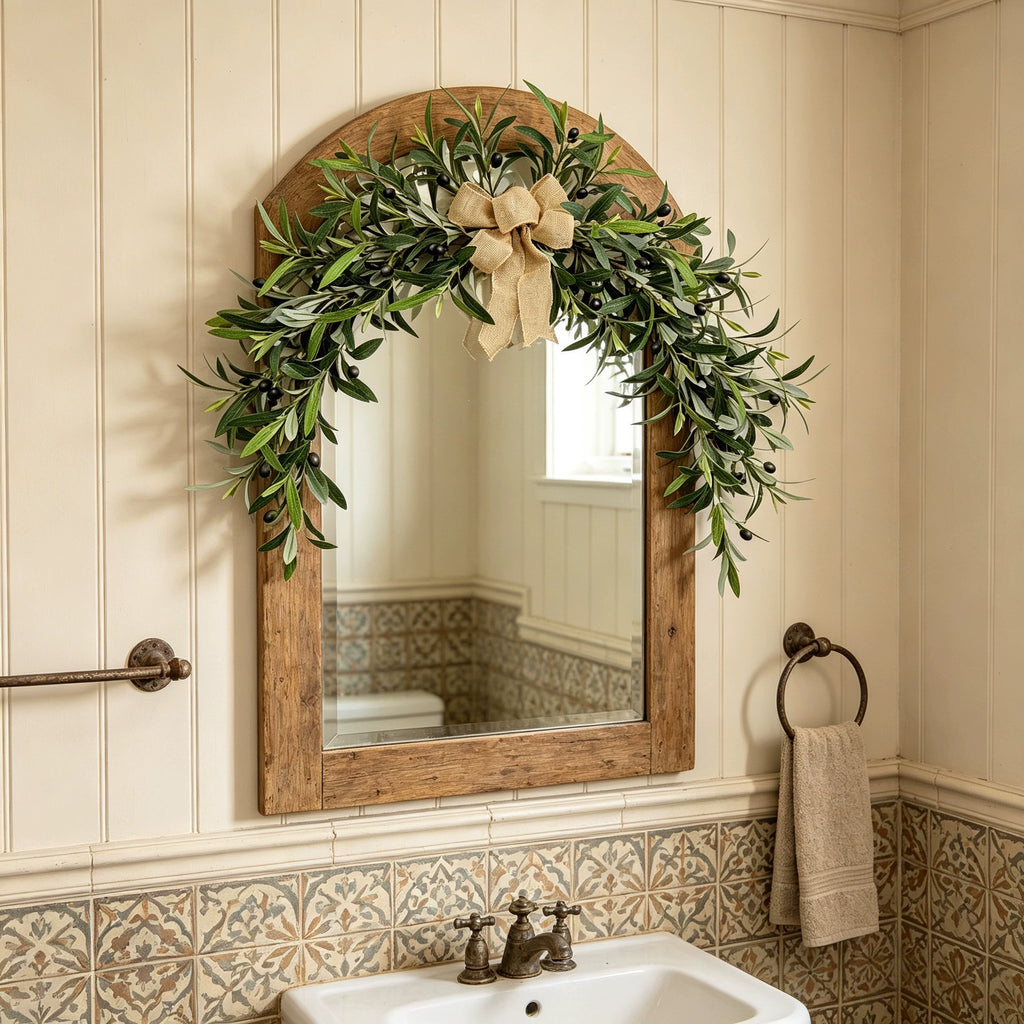 Large 31" Artificial Olive Garland, Realistic Faux Olive Branch Swag for Fireplace Mantel, Wall Decor, Mirror Accent, Farmhouse Wedding