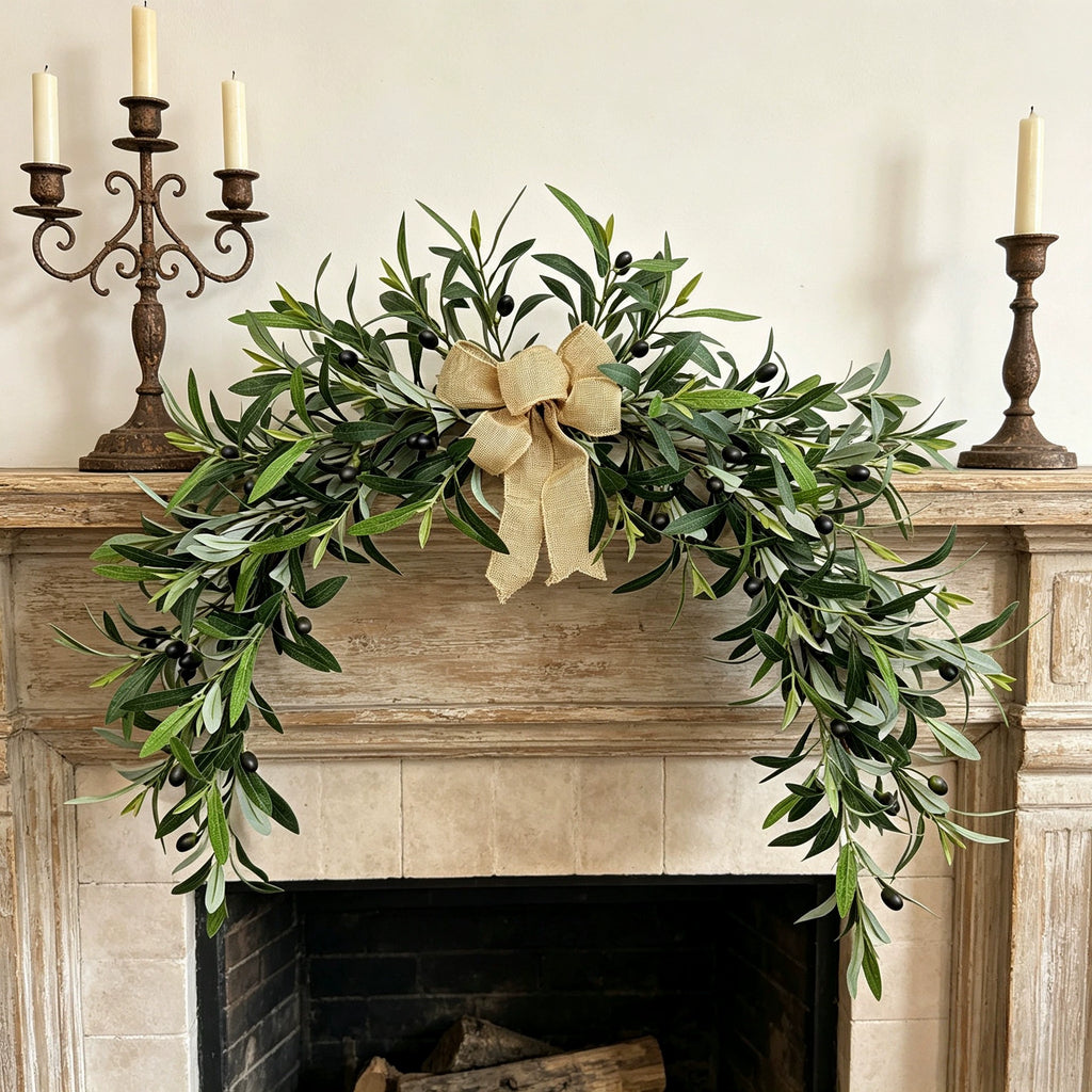 Large 31" Artificial Olive Garland, Realistic Faux Olive Branch Swag for Fireplace Mantel, Wall Decor, Mirror Accent, Farmhouse Wedding