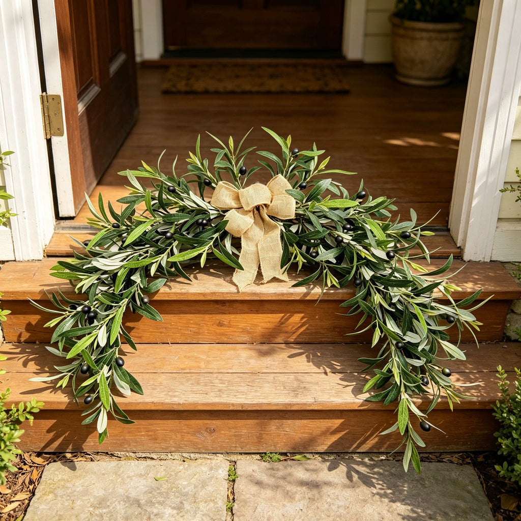 Large 31" Artificial Olive Garland, Realistic Faux Olive Branch Swag for Fireplace Mantel, Wall Decor, Mirror Accent, Farmhouse Wedding