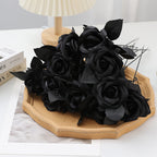 Everlasting Black Roses, Set of 5, 15" Gothic Artificial Flowers, Realistic Dark Floral for Moody Halloween Decor, Wedding Bouquets & Vase Arrangements