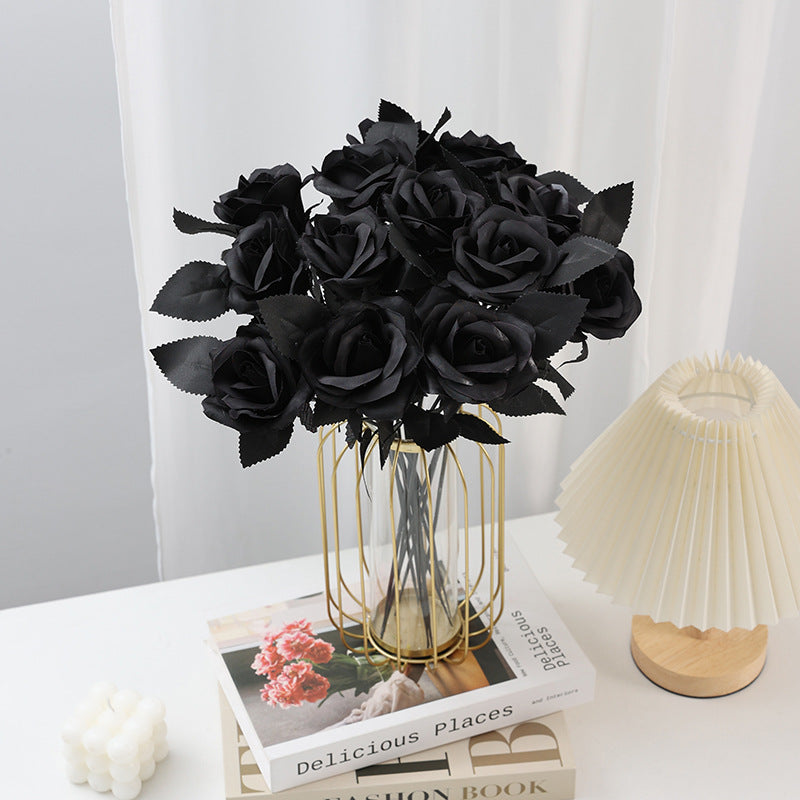 Everlasting Black Roses, Set of 5, 15" Gothic Artificial Flowers, Realistic Dark Floral for Moody Halloween Decor, Wedding Bouquets & Vase Arrangements