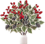 Set of 2 Faux Red Berry & Pinecone Stems, 16 Inch Realistic Winter Floral Spray for Christmas Decor, Holiday Vase Fillers, Wreath Making & Crafts
