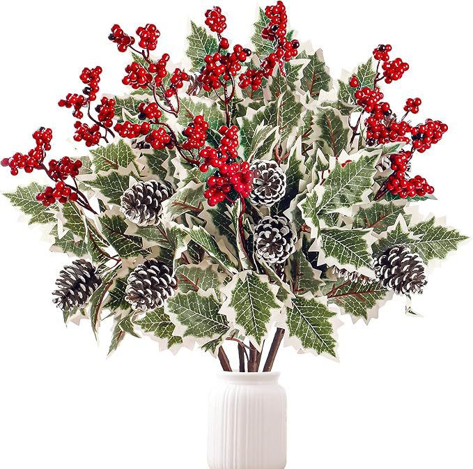 Set of 2 Faux Red Berry & Pinecone Stems, 16 Inch Realistic Winter Floral Spray for Christmas Decor, Holiday Vase Fillers, Wreath Making & Crafts